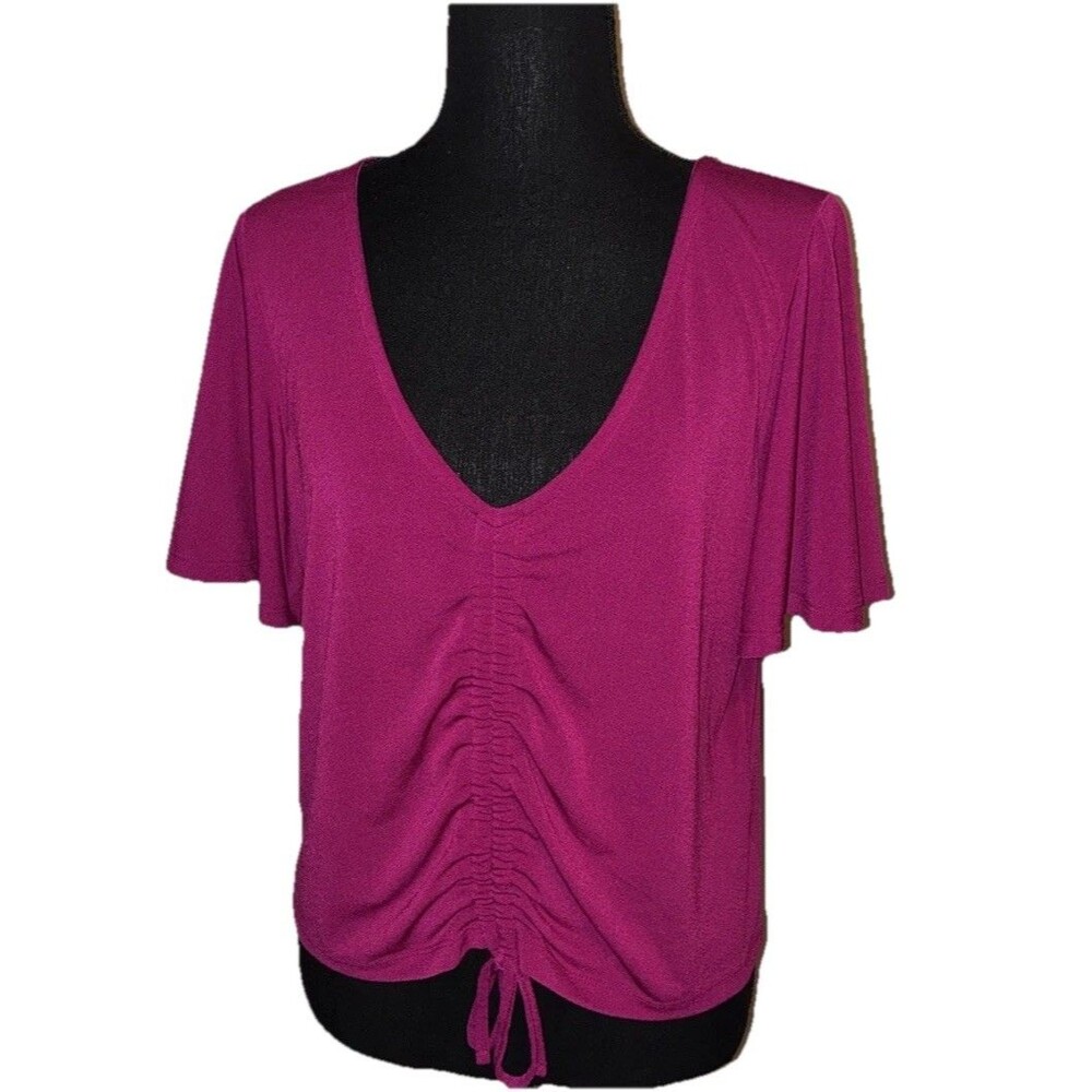 Express Large V-Neck Front Drawstring Magenta Short Angel Sleeves Blouse